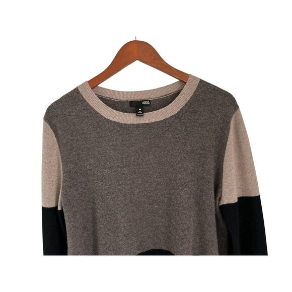 Aqua 100% Cashmere Colorblock Sweater Beige Brown Crewneck Cream Beige  - Large - Picture 3 of 6